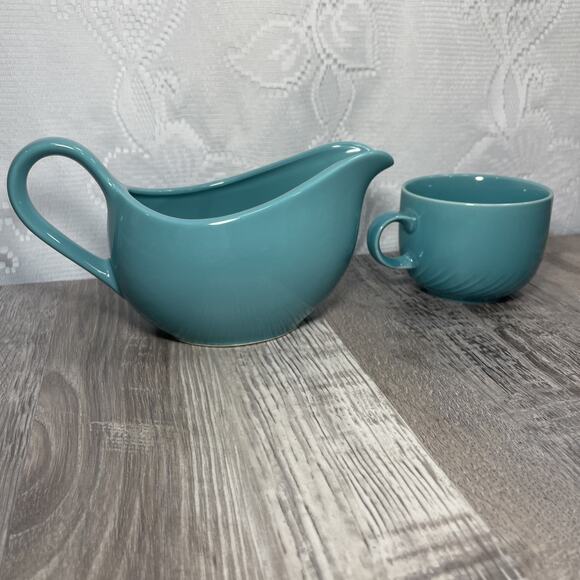 Mervyns Japan Gravy Boat Dish Teal Blue & Small Cup Mug Vintage - Picture 2 of 16